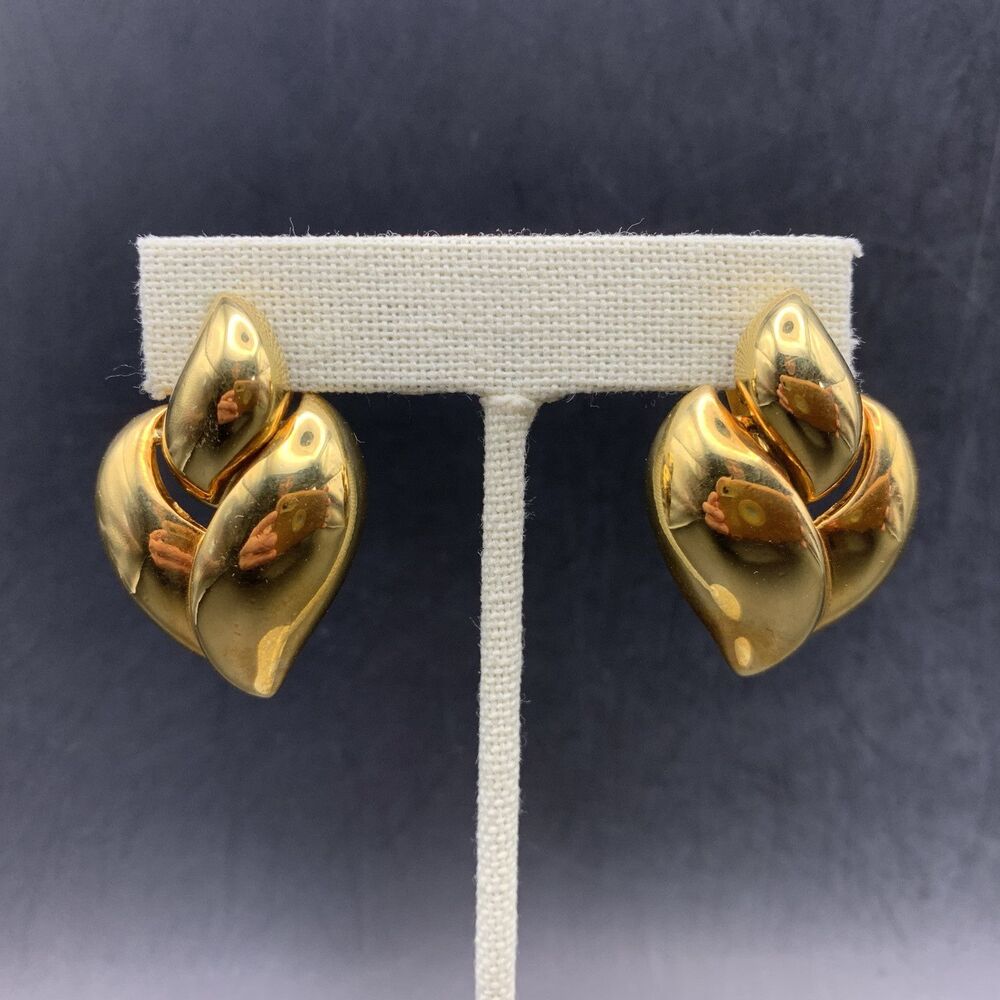 Krementz Chunky Door Knocker Clip On Earrings Leaf Bold Runway Polished Vintage